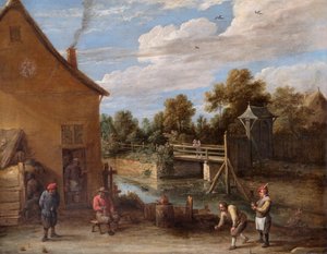 Bauern spielen Kegeln vor einem Gasthaus an einem Fluss