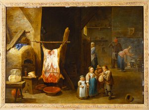 Das Innere einer Bauernhütte mit einem Schweinekadaver und einem Jungen, der eine Blase aufbläst von David Teniers the Younger