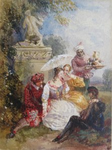 Elegante Gäste auf einer Kostümparty in einem Landhaus von David the younger Cox