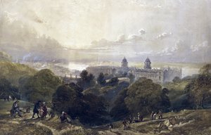 Ansicht von Greenwich (England) an einem Sommerabend, von den Höhen des Parks, im Hintergrund die Skyline von London