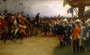 Präsident Emile Loubet begrüßt Zar Nikolaus II. und Zarin Alexandra bei den Manövern in Betheny