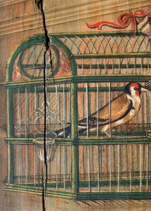Vogel im Käfig, Detail aus einem Gemälde von Defendente Ferrari, im hinteren Teil des Chors aus dem 16. Jahrhundert, Kirche des Heiligen Hieronymus, Biella, Italien von Defendente Ferrari