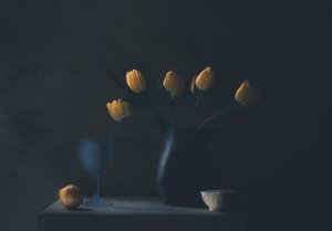 Stimmungsvolle gelbe Tulpen Stillleben von Delphine Devos