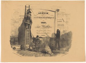 Zwei Männer kleben ein Plakat an eine Wand von Denis Auguste Marie Raffet