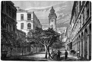 Ansicht des historischen Hongkonger Uhrturms. Gravur nach einer Zeichnung von Deroy, in „Le Tour du Monde, Nouveau journal des Voyages“, herausgegeben von Edouard Charton, Paris von Deroy (after)