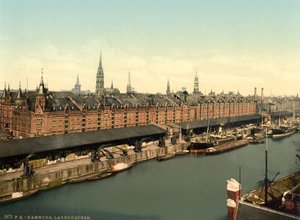Lagerhäuser an den Docks, Hamburg, Deutschland, Photochromdruck, ca. 1900 von Detroit Publishing Co.