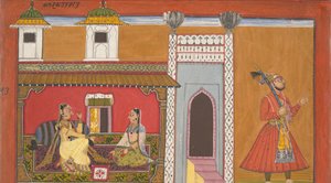Eine Kurtisane und ihr Liebhaber, entfremdet durch einen Streit: Seite aus einer Rasamanjari-Serie, 1694-95