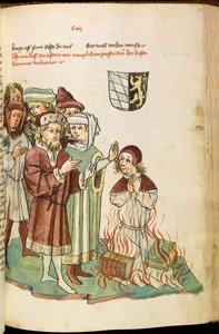 Verbrennung von Jan Hus auf dem Scheiterhaufen. Aus: Das Leben und die Zeiten des Kaisers Sigismund von Eberhard Windeck