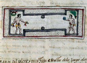 Azteken spielen Pelota, Miniatur aus der Geschichte der Indiens (Historia de las Indias) von Diego Duran (1537-1588), Manuskript von 1579