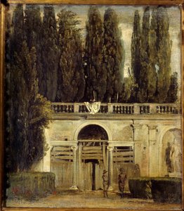 Villa Medici in Rom, zwei Männer am Eingang der im Bau befindlichen Loggia. Ansicht der Gärten der Villa Medici