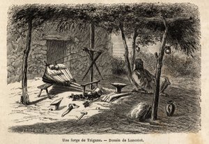 Eine Zigeunerschmiede in der Region Walachei, Rumänien. Gravur zur Illustration der Reise von Paris nach Bukarest, von Lancelot, Zeichner, 1860, veröffentlicht in „Le tour du monde, nouveau journal des voyages“, unter der Leitung von Edouard Charton