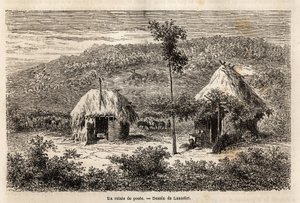 Ein Postrelais zwischen Bukarest und Pitesti. Gravur zur Illustration der Reise von Paris nach Bukarest (Rumänien), 1860, von Lancelot, Zeichner, in „Le tour du monde, nouveau journal des voyages“, veröffentlicht unter der Leitung von Edouard Charton von Dieudonne Auguste Lancelot