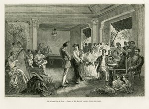 Fest in Santa Cruz de Nano. Gravur von Lancelot zur Illustration der Geschichte Lucon und Palaouan, sechs Jahre auf den Philippinen, von Alfred Marche (1844-1898), in Le Tour du monde 1886, herausgegeben von Edouard Charton (1807-1890), Hachette, Paris.