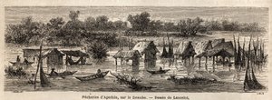 Die Fischerei von Apathin (Serbien), an der Donau. Zeichnung von Lancelot zur Illustration seiner Reise von Paris nach Bukarest im Jahr 1860. Gravur in „Le tour du monde“, herausgegeben von Edouard Charton von Dieudonne Auguste Lancelot