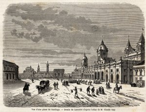 Ansicht eines Platzes in Santiago (Chile), Zeichnung von Lancelot zur Illustration der Reise nach Südamerika im Jahr 1823 von Giovanni Mastai Ferretti (1792-1878, zukünftiger Pius IX). Gravur in „Le tour du monde, nouveau journal des voyages“ Paris