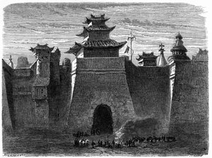 Mauern und Tor von Peking (Beijing), China. Gravur von Lancelot, veröffentlicht in „Le Tour du Monde, Nouveau journal des Voyages“, herausgegeben von Edouard Charton, Paris