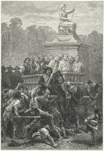 Ein Karren voller Gefangener auf dem Weg zur Guillotine, Französische Revolution (Gravur)