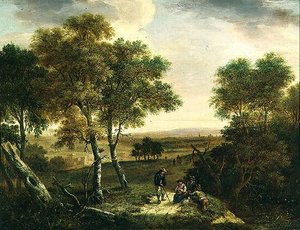 Eine ausgedehnte bewaldete Landschaft mit Bauern an einem Pfad, eine Stadt im Hintergrund