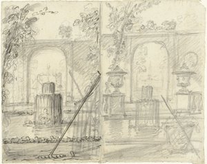 Zwei Entwürfe für eine Gartenansicht mit Brunnen und Gartengeräten im Vordergrund von Dionys van Nijmegen (possibly)