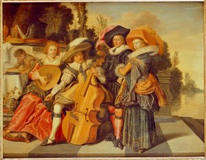 Elegante Figuren machen Musik auf einer Terrasse am See