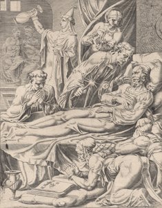 Der reiche Mann auf seinem Sterbebett, aus Das Gleichnis von Lazarus und dem reichen Mann, Platte 2, 1551