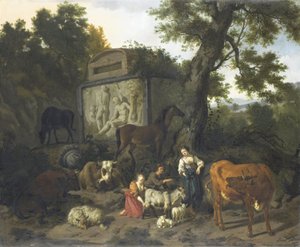 Landschaft mit Hirten und Vieh in der Nähe eines Grabmals