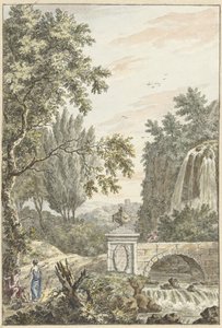 Arkadische Waldlandschaft mit einem Wasserfall, einer Brücke und drei jungen Männern von Dirk Versteegh