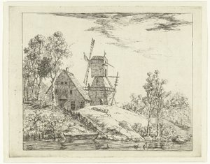 Landschaft mit Bauernhof und Mühle in Holstein