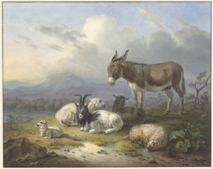 Landschaft mit Esel, Ziege und Schafen