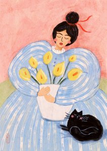 Frau mit Blumen und Katze