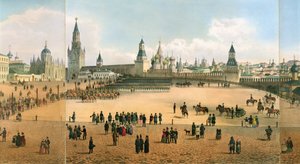 Die Basilius-Kathedrale vom Kreml aus gesehen, aus einem Panorama von Moskau, graviert von Philippe Benoist und Aubrun von Dmitri Indieitzeff
