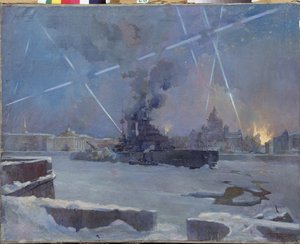 Die schwere Artillerie auf der Newa in Leningrad (Sankt Petersburg, Russland) im Jahr 1942. (Ein Panzer auf dem gefrorenen Fluss verteidigt die brennende Stadt gegen Luftangriffe während der Belagerung von Leningrad). Episode des Zweiten Weltkriegs (1939-1 von Dmitri Nikiforovich Martynov