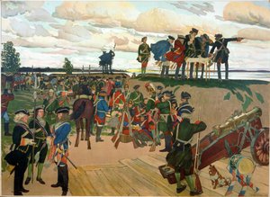 Gründung der Festung Sankt Petersburg durch Peter den Großen (1672-1725) im 18. Jahrhundert. Werk von Dmitri Nikolayevich Kardovsky (Kardovski) (1866-1943), Lithografie von Dmitri Nikolayevich Kardovsky