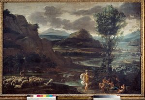 Herminie unter den Hirten. Illustration einer Szene aus „Das befreite Jerusalem“ (La Gerusalemme Liberata) von Torquato Tasso. Herminie erscheint den Hirten in Clorindes Rüstung. Gemälde von Domenico Zampieri (genannt Domenichino)