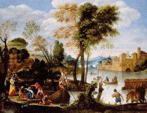 Italienische Flusslandschaft mit stakendem Bootsmann und Frau mit einem Korb Krabben