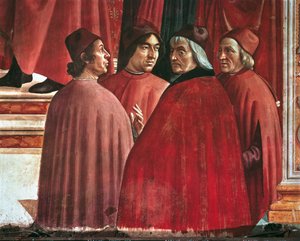 Geschichten der Jungfrau Maria: Verkündigung an Zacharias, Detail von Cristoforo Landino, Angelo Poliziano und Marsilio Ficino, ca. 1485-90 (Fresko)