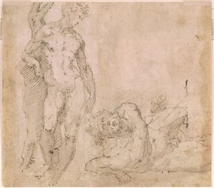 Beccafumi - Verso Männlicher Akt, der sich gegen einen Baumstamm lehnt, und ein liegender männlicher Akt mit zurückgeworfenem Kopf, ca. 1530-1540 von Domenico Beccafumi