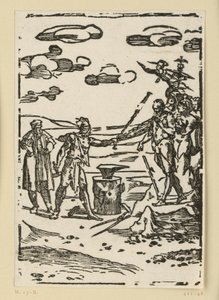 Die Metalle sollen geschmiedet werden. Hephaistos (Vulkan) führt die Metalle zum Amboss. Aus der Folge "De re metallica". von Domenico Beccafumi