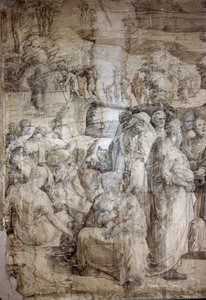 Geschichte von Moses auf dem Berg Sinai: Die Hebräer erwarten die Rückkehr von Moses. Vorbereitende Zeichnung für den Boden der Kathedrale von Siena