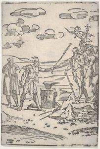 Der Fälscher steht neben einem Amboss und zieht einen Mann in Ketten, aus "Die verschiedenen Operationen der Alchemie" von Domenico Beccafumi