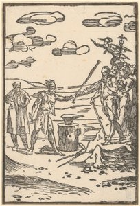 Vulkan führt die Metalle zum Ort ihrer Verarbeitung, Blatt 5 der Folge "De la Pirotechnia" von Domenico Beccafumi