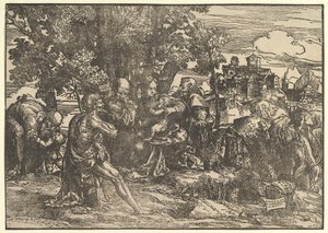 Maria unter Bäumen mit Baby, flankiert von Joseph links und St. Jerome rechts, 1517