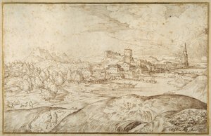Gebirgige Landschaft mit einem Fluss und einer befestigten Stadt mit einem Turm mit Spitze von Domenico Campagnola