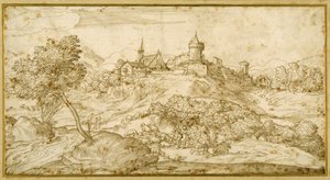 Gebirgige Landschaft mit einer ummauerten Hügelstadt: ein Hirte wird angesprochen, während er seine Herde hütet von Domenico Campagnola