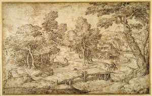 Waldlandschaft mit einem Bauernhof und einer Holzbrücke über eine Schleuse