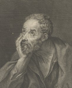 Ein alter bärtiger Mann, der seinen Kopf auf seine rechte Hand stützt und nach links oben schaut, nach..., 1775