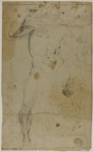 Stehender männlicher Akt (recto); Zwei männliche Halbfiguren, eine mit erhobenem Arm, die andere betend (verso)