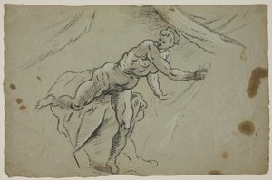 Nackte Frau mit einem Stück Stoff in den Händen, die hastig ein Zelt verlässt von Domenico Tintoretto