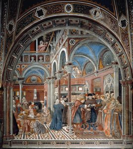 Ansicht des Waisenhauses Santa Maria della Scala in Siena. Links kümmern sich die Ammen um die verlassenen Kinder, rechts eine schwangere Frau, die zur Heirat gezwungen wird. Fresko von Domenico di Bartolo (aktiv zwischen 1428 und 1447) Spedale di Santa Ma
