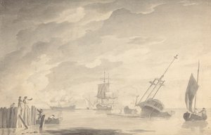 Kampfszene, drei Schlachtschiffe, eines sinkt; Figuren links in Ruderboot und auf Steg stehend